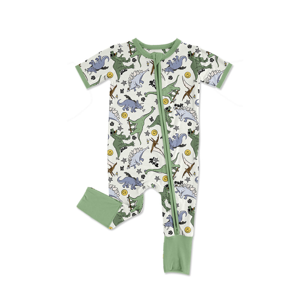 Preorder Baby Boy Infant Short Sleeves Green Dinosaurs Zipper Romper