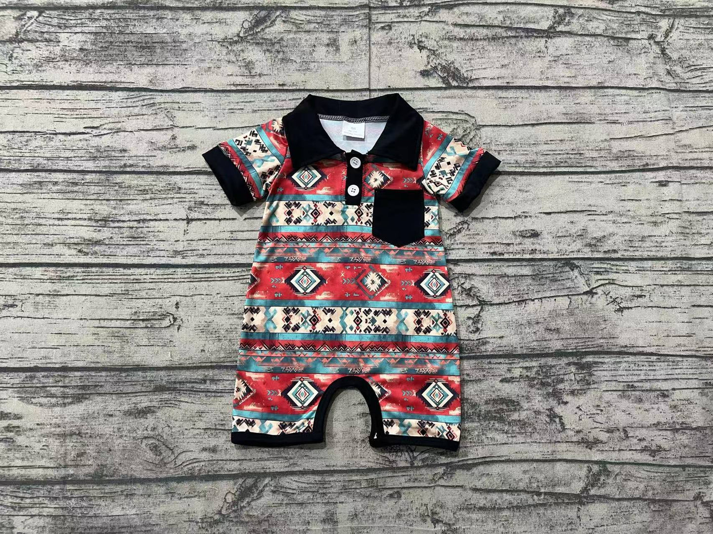 Baby Boy Infant Short Sleeves Western Aztec Black Pocket Romper