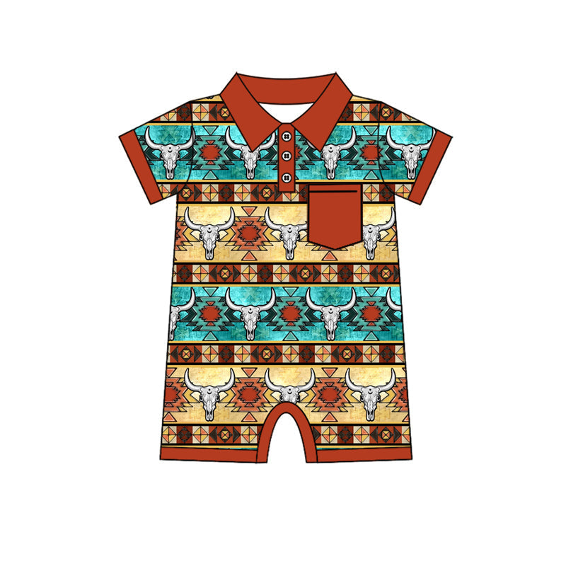 Preorder Baby Boy Infant Short Sleeves Western Aztec Cow Pocket Romper