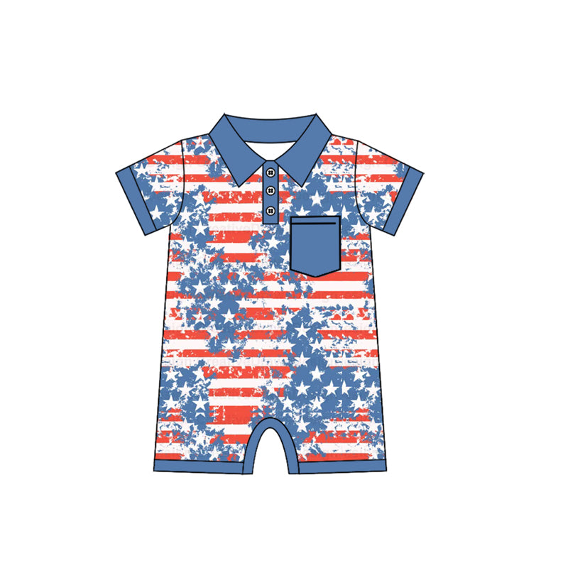 Preorder Baby Boy Infant Short Sleeves July 4th Stars Pocket Romper