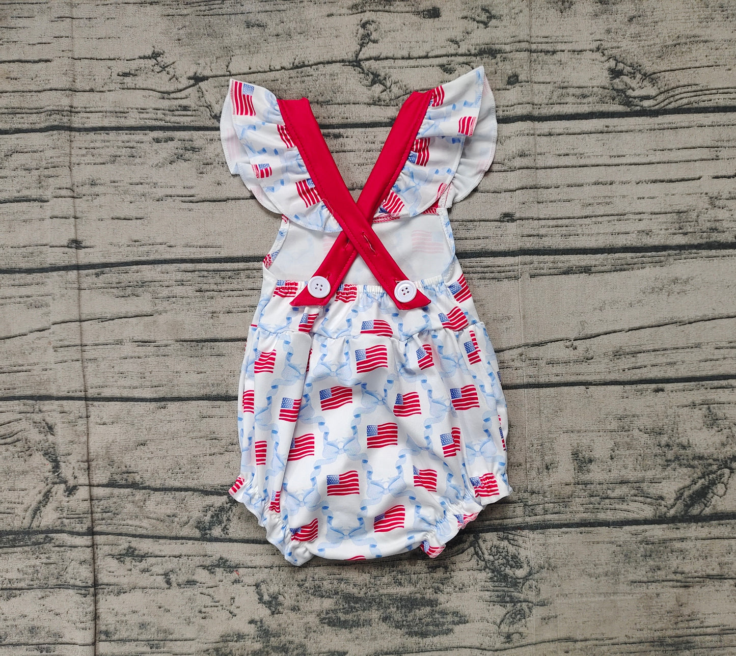 Baby Girl Infant Short Sleeves July 4th Flags Bows Bubble Romper RTS