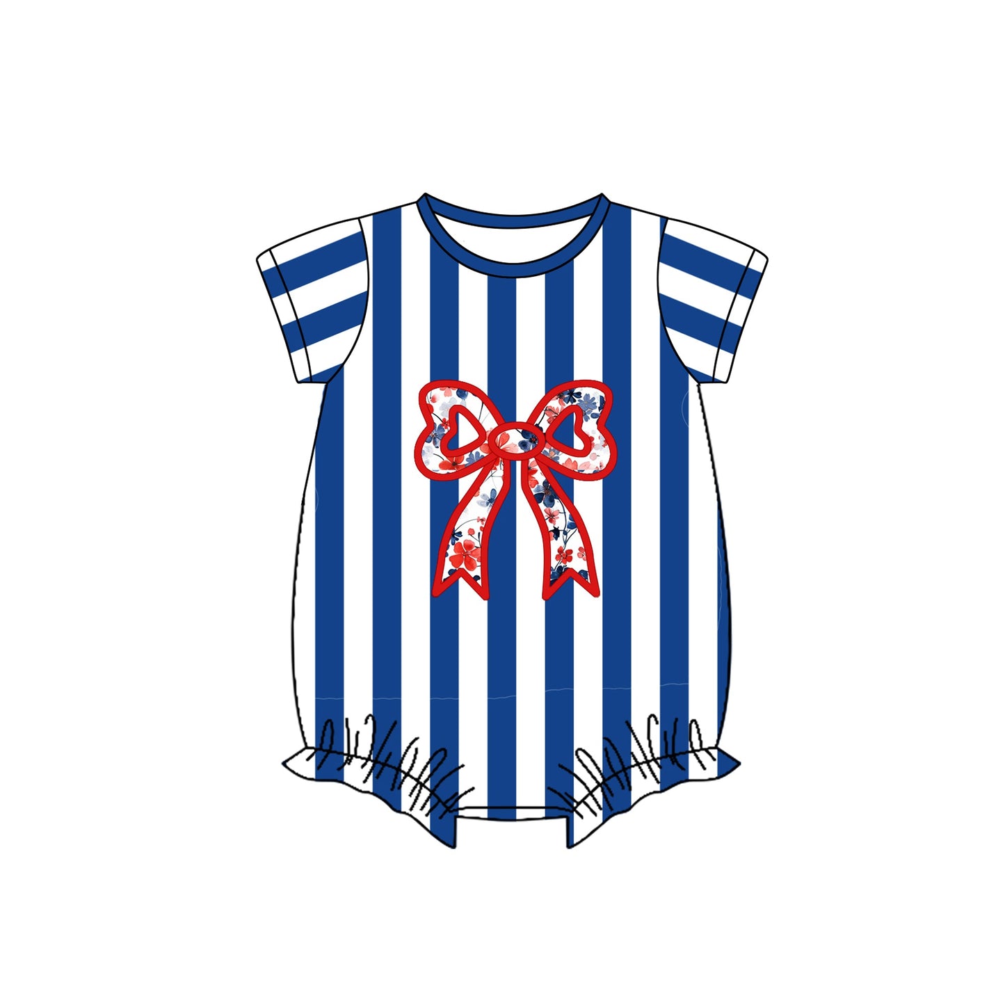 Preorder Baby Girl Infant Short Sleeves Blue Stripes July 4th Bow Bubble Romper