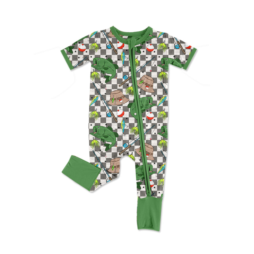 Preorder Baby Boy Infant Short Sleeves Checkered Fishing Zipper Romper