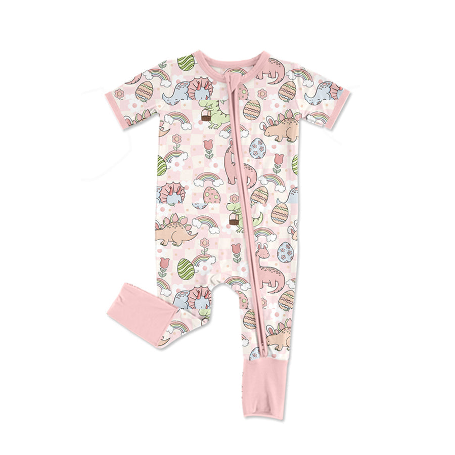 Preorder Baby Girl Infant Short Sleeves Easter Dinosaurs Zipper Pink Romper