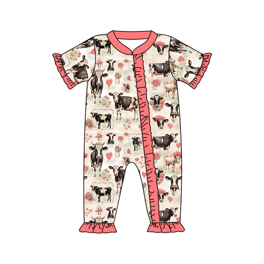 Preorder Baby Girl Infant Short Sleeves Hearts Cow Flowers Zipper Romper