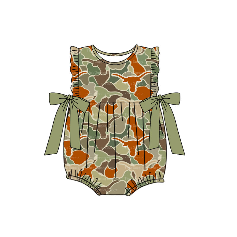 Preorder Baby Girl Infant Cow Camo Green Bows Bubble Romper