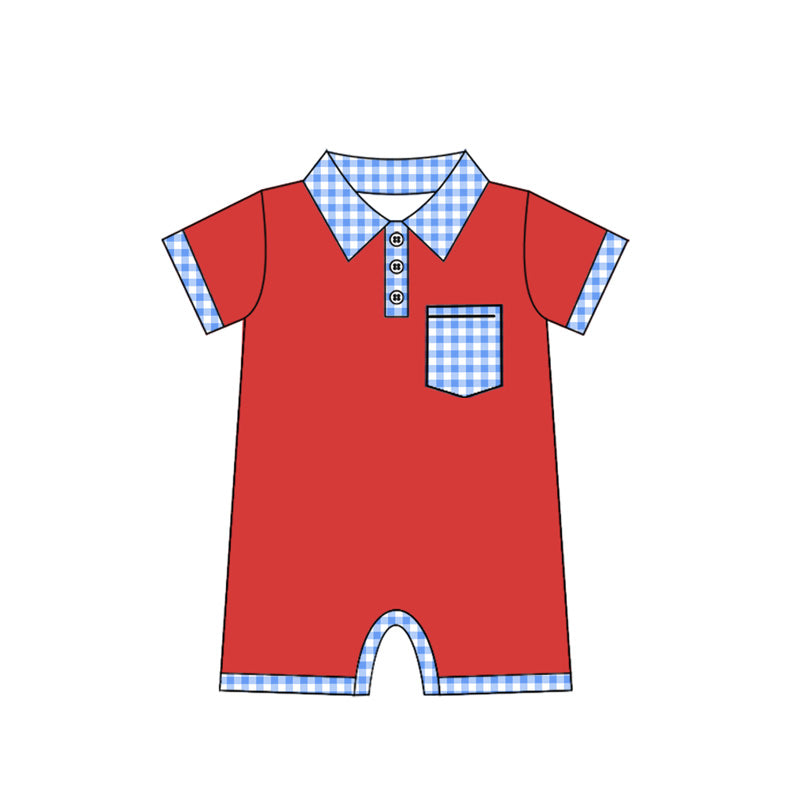 Baby Boy Infant Red Short Sleeves Blue Plaid Pocket July 4th Romper RTS
