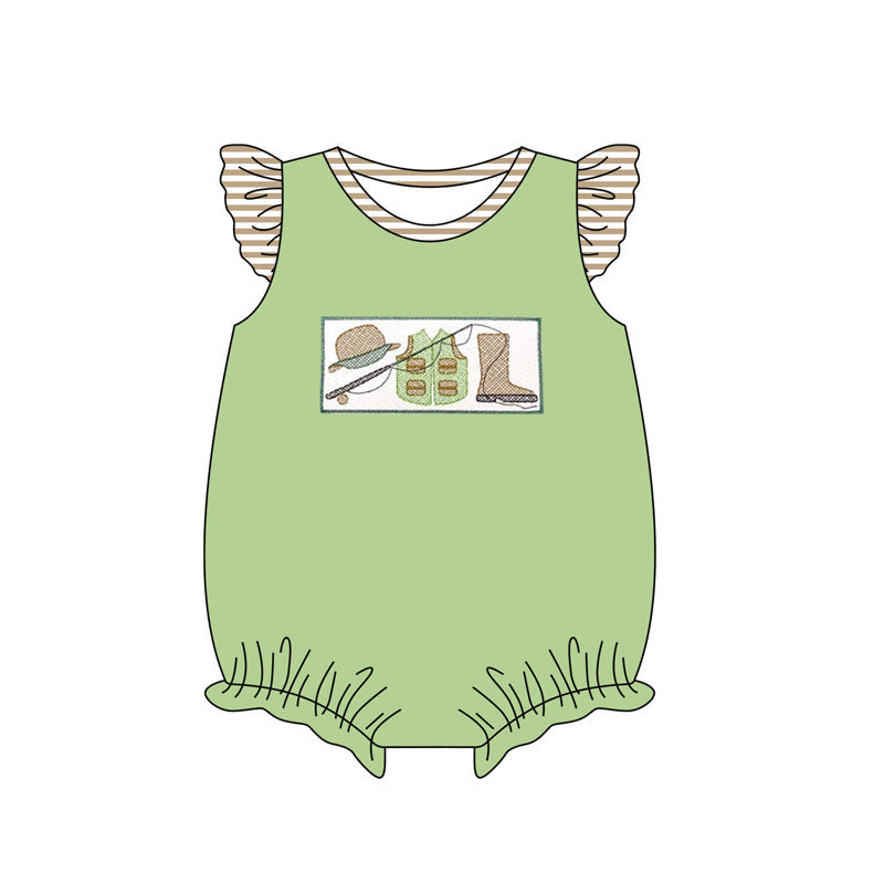 Preorder Baby Girl Infant Short Sleeves Duck Fishing Bubble Green Romper