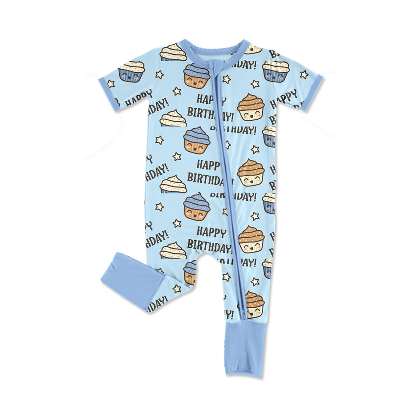 Preorder Baby Boy Infant Short Sleeves Happy Birthday Zipper Romper