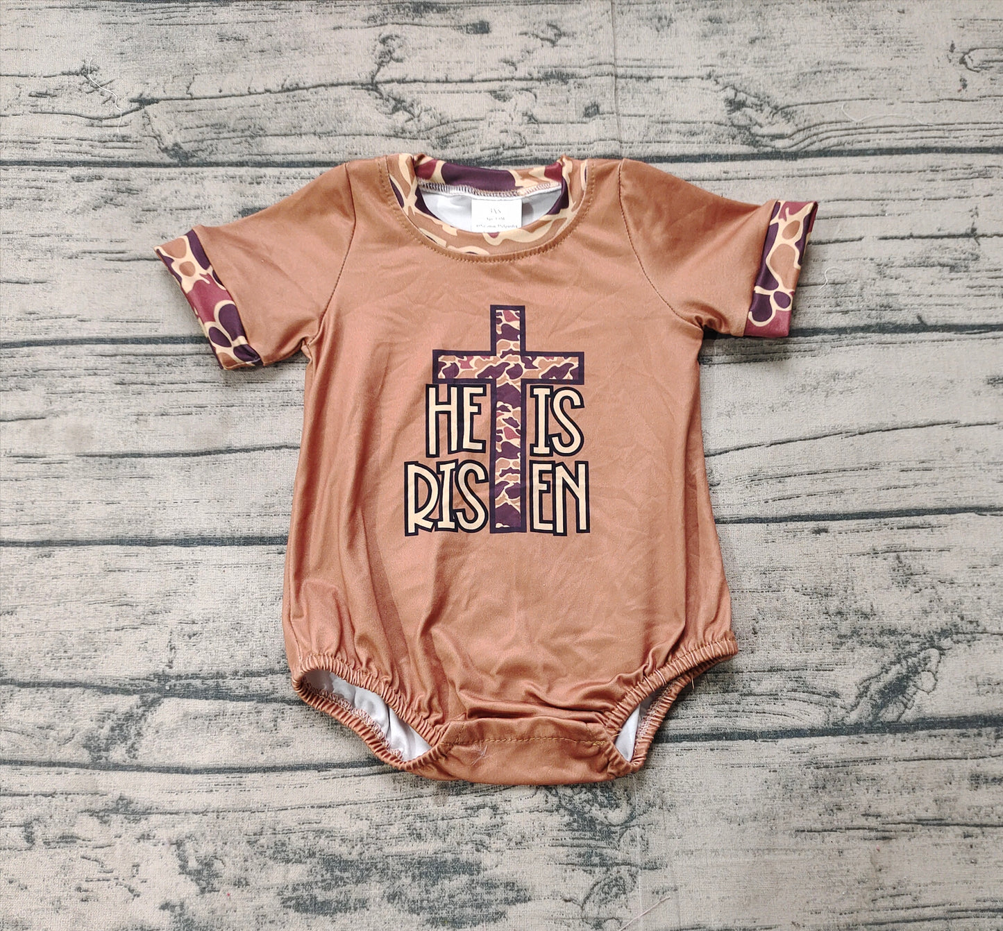 Baby Boy Infant Short Sleeves He Is Risen Cross Camo Bubble Romper RTS