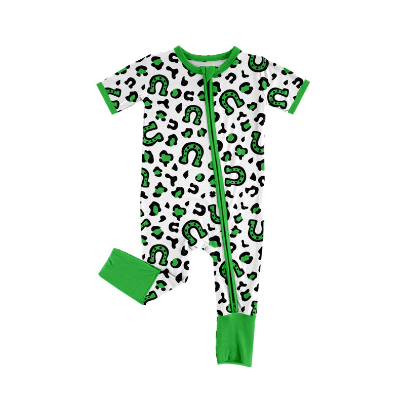 Preorder Baby Kids Infant Short Sleeves St Patrick Day Leopard Zipper Green Romper