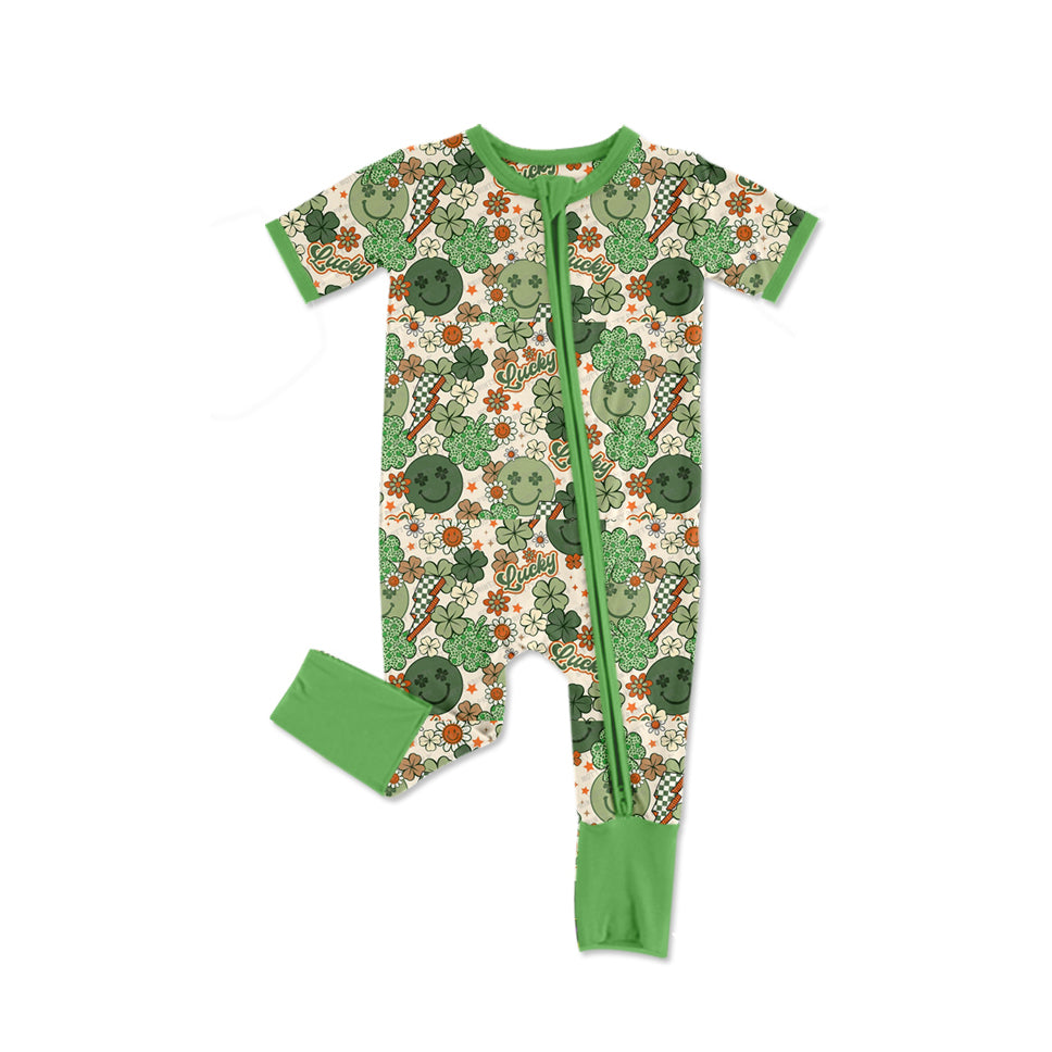 Preorder Baby Boy Infant Short Sleeves St Patrick Day Smile Clovers Zipper Green Romper