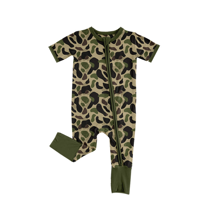 Preorder Baby Boy Infant Short Sleeves Green Camo Zipper Romper