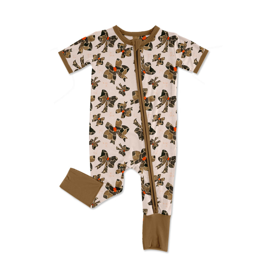 Preorder Baby Girl Infant Short Sleeves Bows Brown Camo Zipper Romper