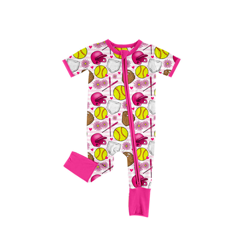 Preorder Baby Girl Infant Short Sleeves Softball Stripes Zipper Pink Romper