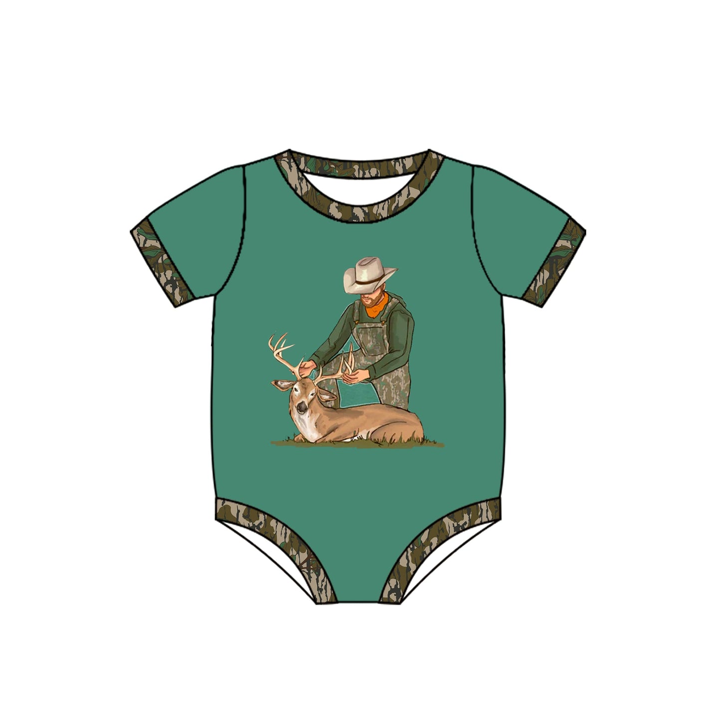 Preorder Baby Boy Infant Short Sleeves Western Camo Deer Hunting Bubble Green Romper