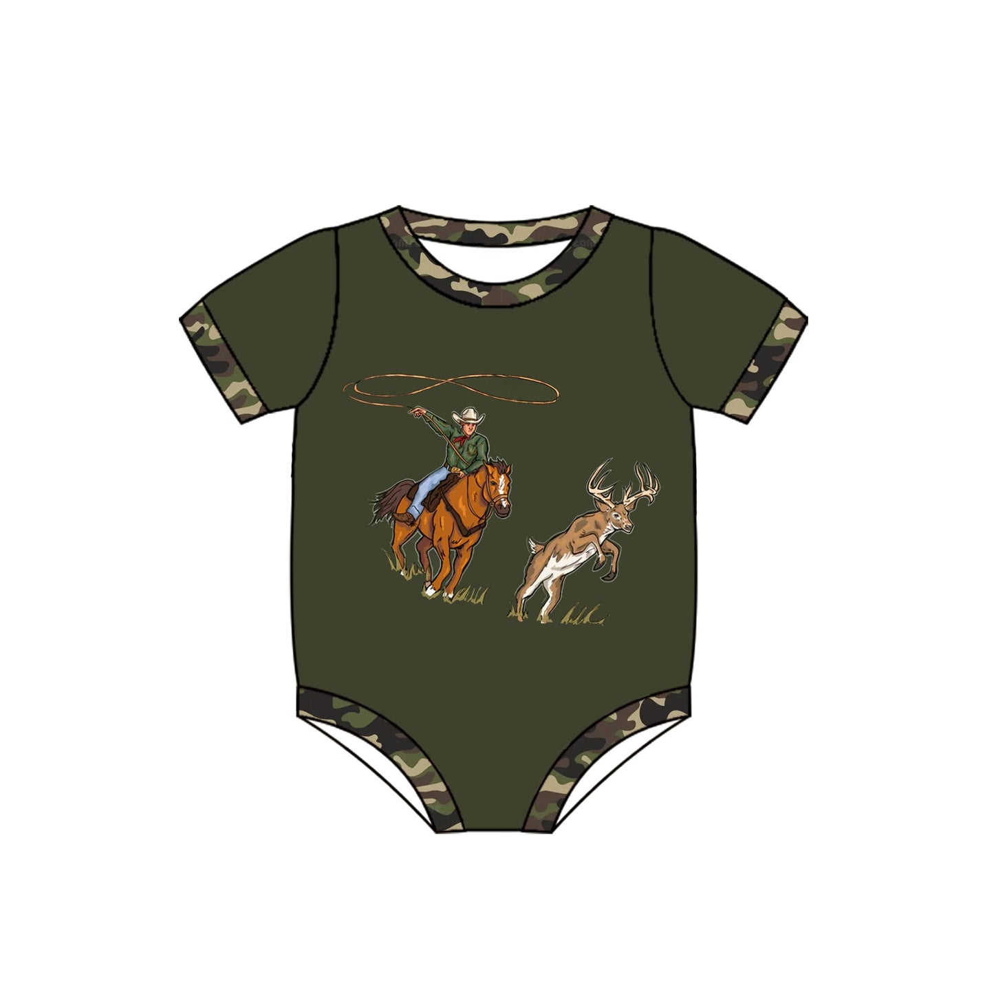 Preorder Baby Boy Infant Short Sleeves Western Rodeo Deer Hunting Bubble Romper