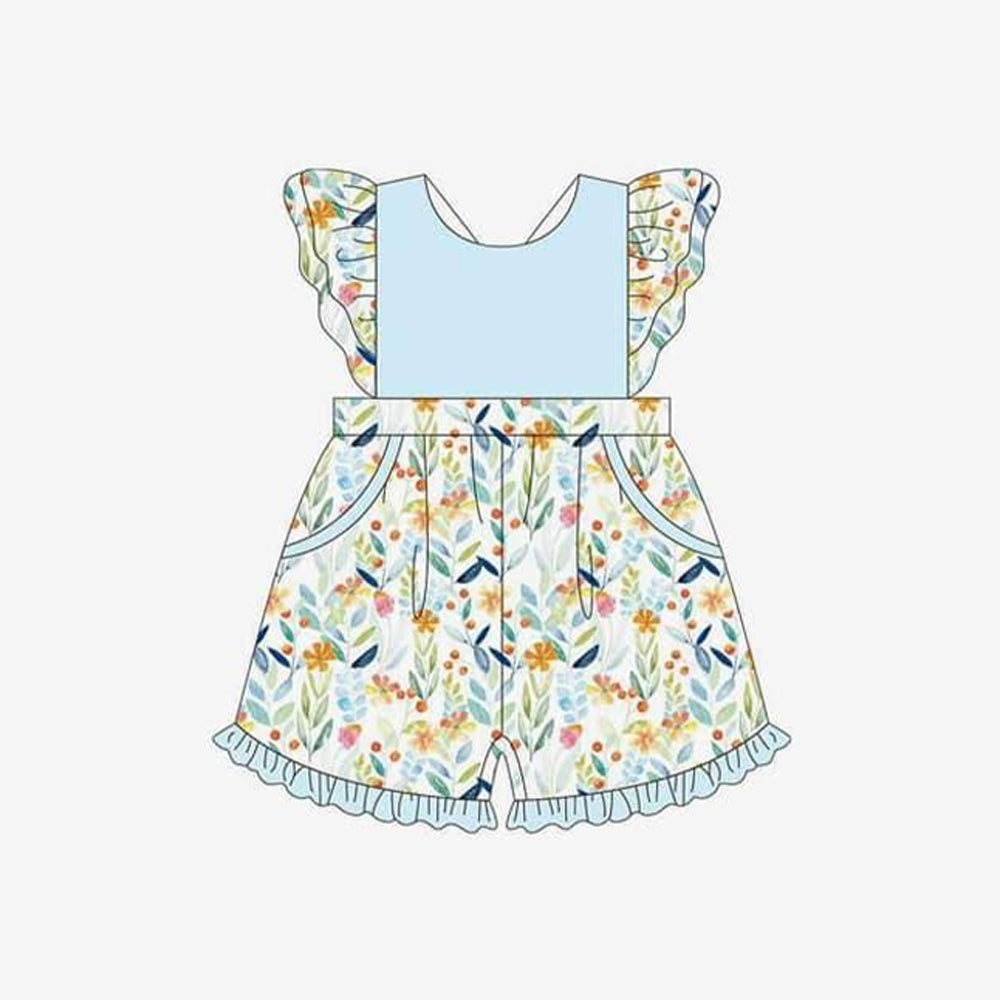 Preorder Baby Girl Short Sleeves Flower Pockets Ruffle Shorts Blue Jumpsuit