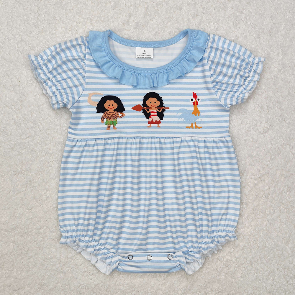 Baby Girl Short Sleeves Blue Stripes Princess Sibling Romper Dress RTS