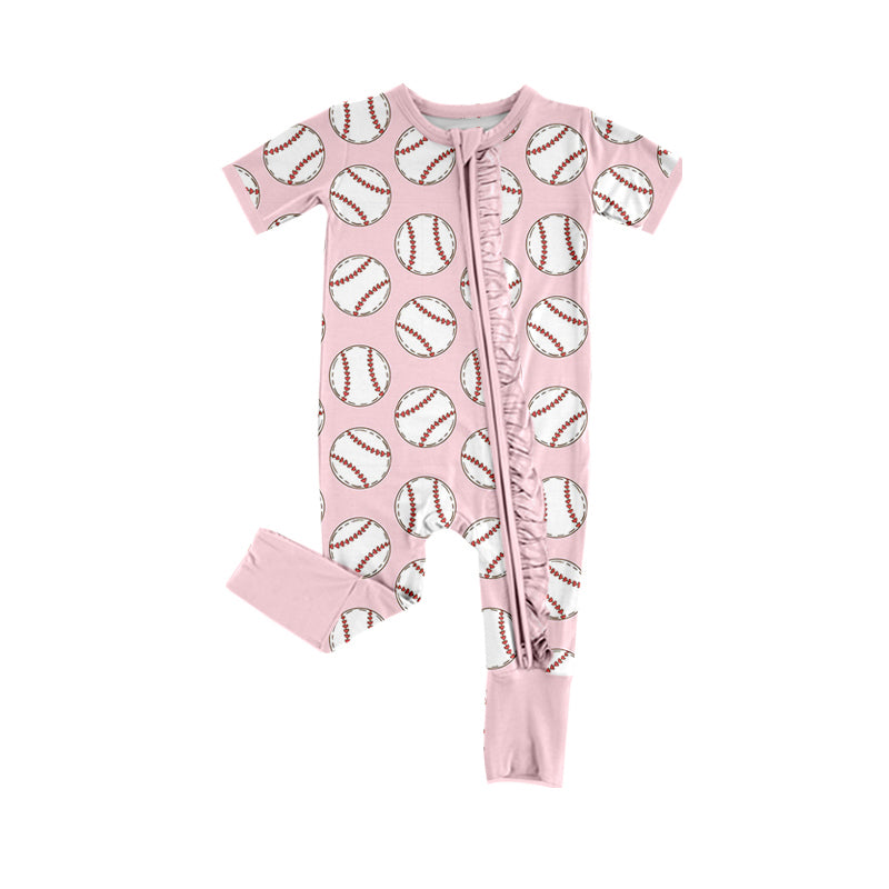 Preorder Baby Girl Infant Short Sleeves Baseball Pink Zipper Romper