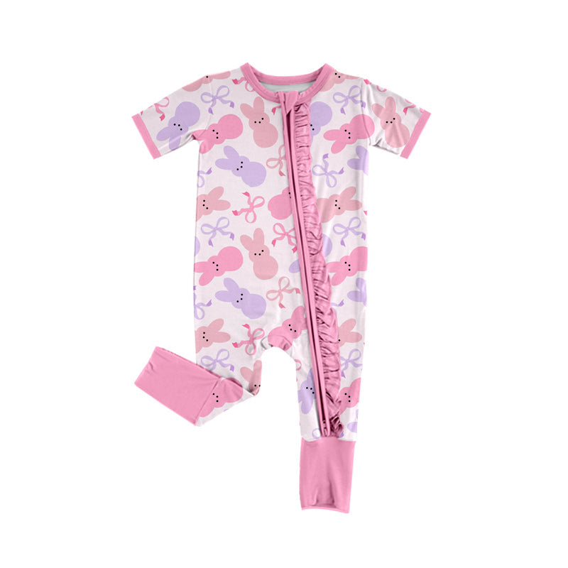 Preorder Baby Girl Infant Short Sleeves Easter Rabbits Bows Pink Ruffle Zipper Romper