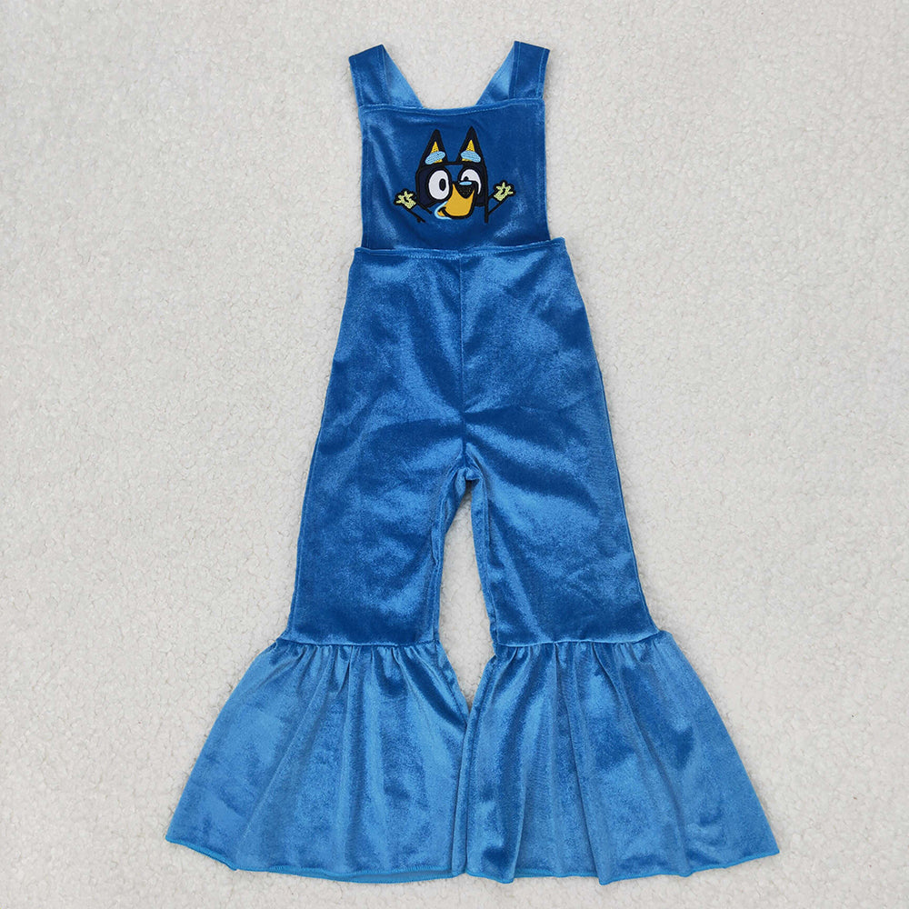Baby Girl Straps Embroidery Dogs Cartoon Sibling Velvet Jumpsuit RTS