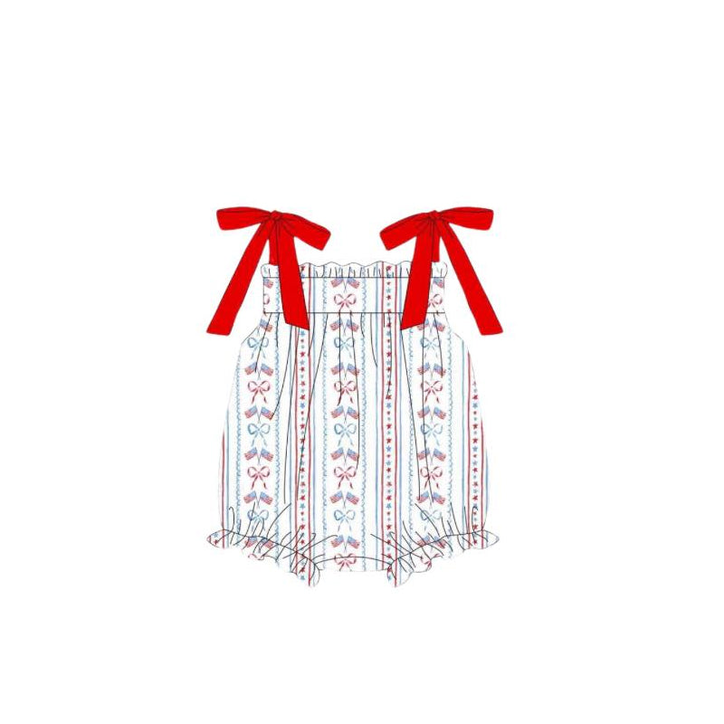 Preorder Baby Girl Infant July 4th Bows Straps Bubble Romper
