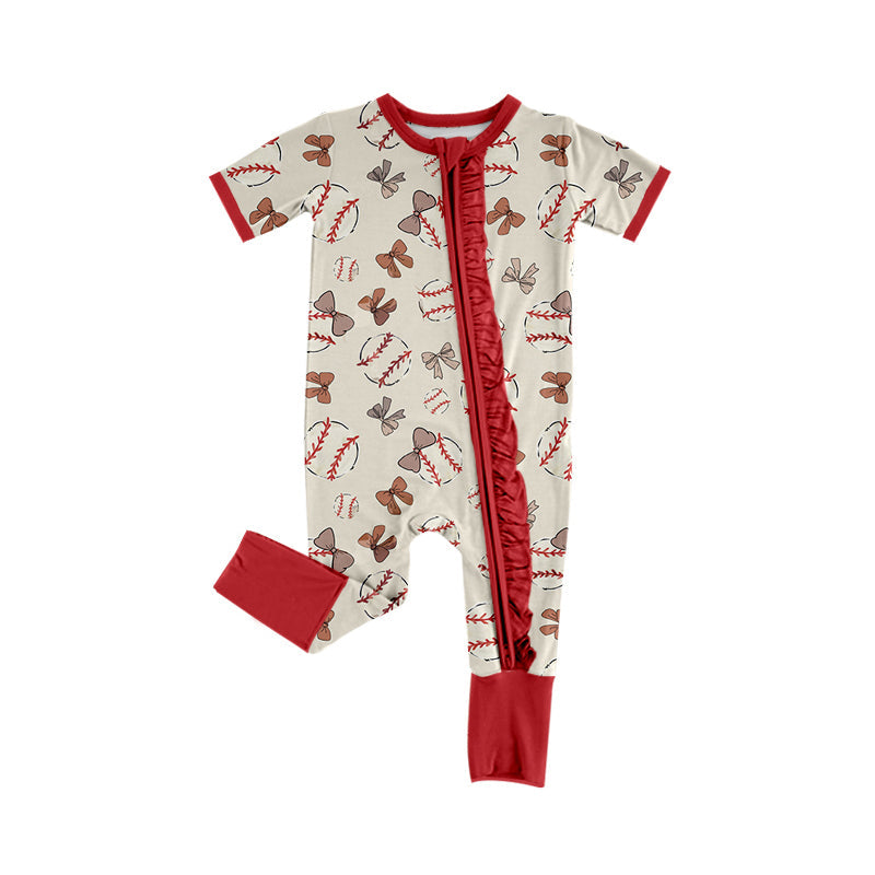Preorder Baby Girl Infant Short Sleeves Bows Baseball Red Zipper Romper