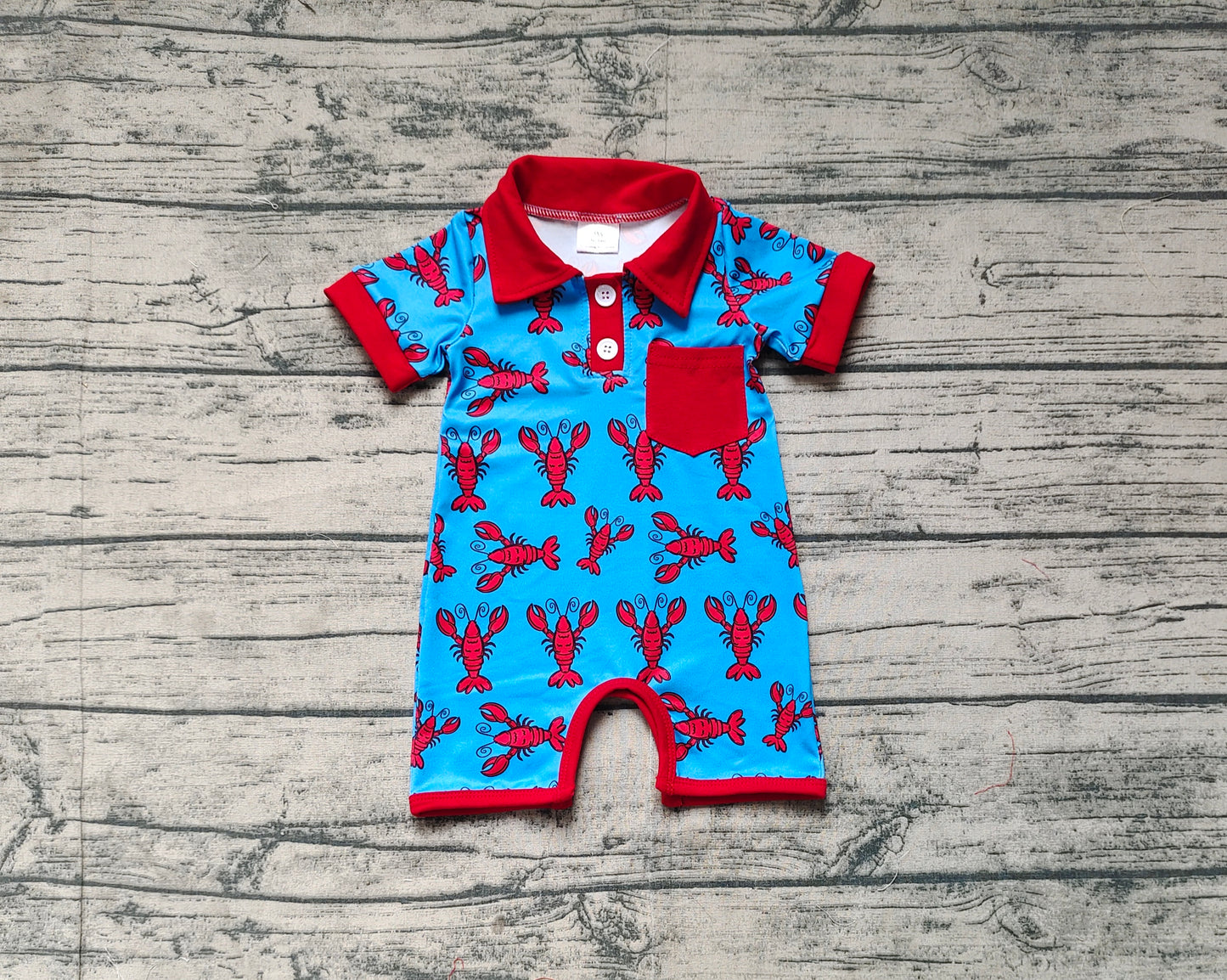 Baby Boy Infant Short Sleeves Crawfish Red Pocket Buttons Romper