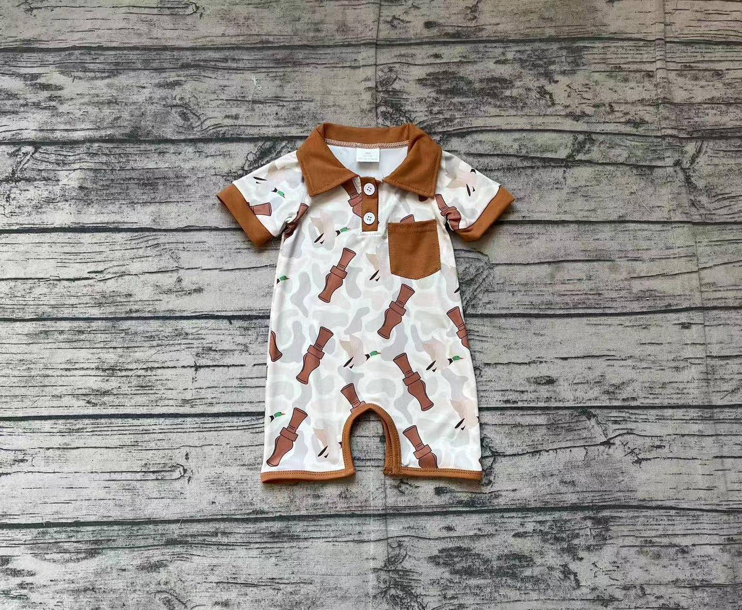 Baby Boy Infant Short Sleeves Duck Call Camo Pocket Buttons Romper RTS