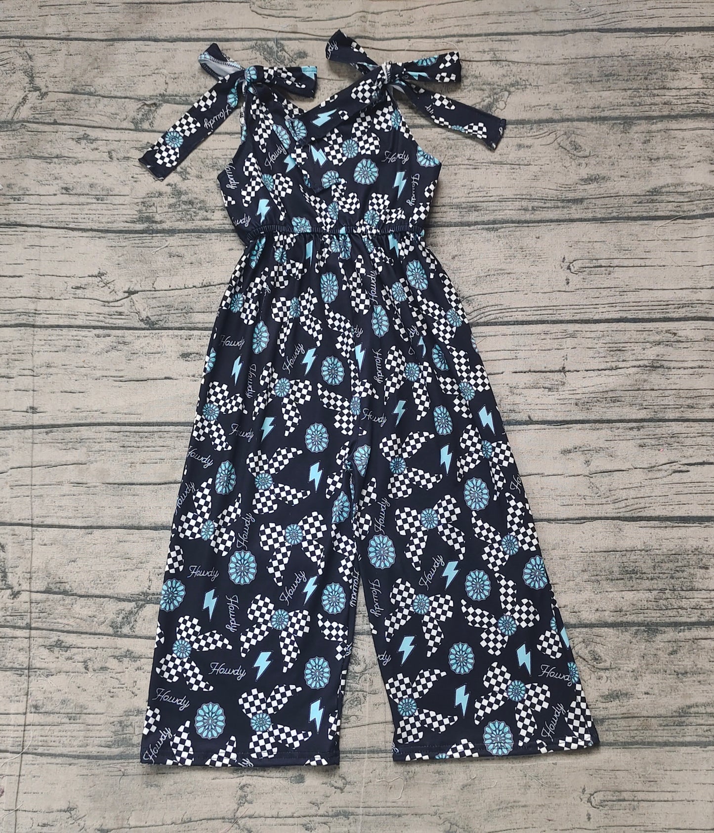 Baby Girl Straps Western Howdy Turquoise Jumpsuit RTS