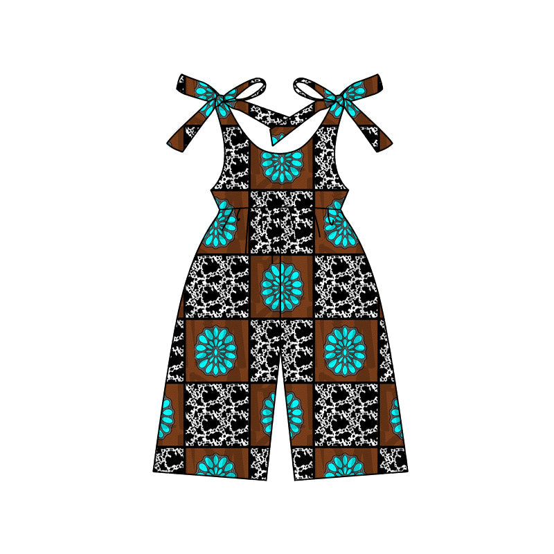 Preorder Baby Girl Straps Western Turquoise Cow Jumpsuit