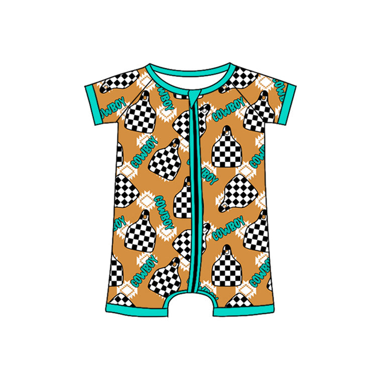 Preorder Baby Boy Infant Short Sleeves Cowboy Tags Western Zipper Romper