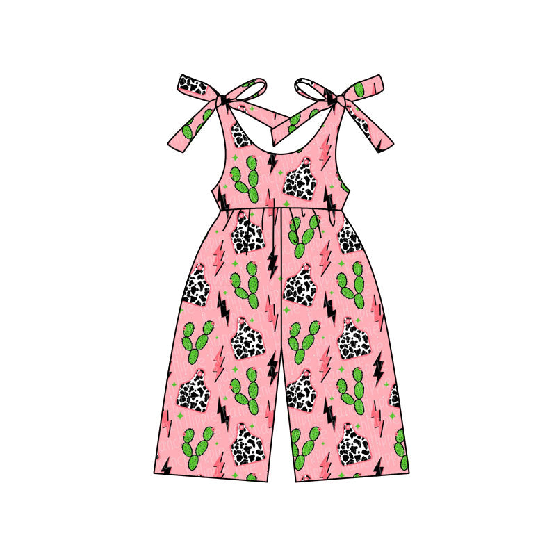 Preorder Baby Girl Straps Western Cow Tag Cactus Jumpsuit