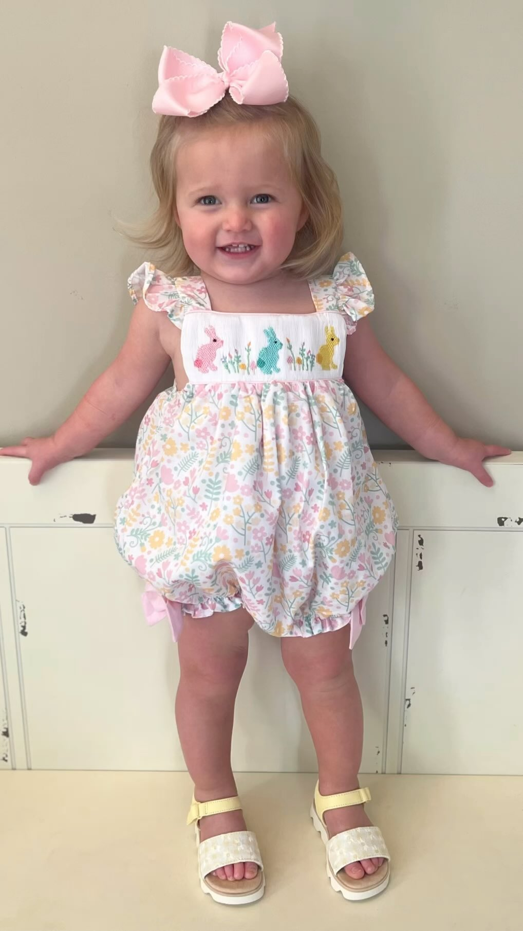 Preorder Baby Girl Infant Short Sleeves Easter Flower Rabbits Bubble Romper