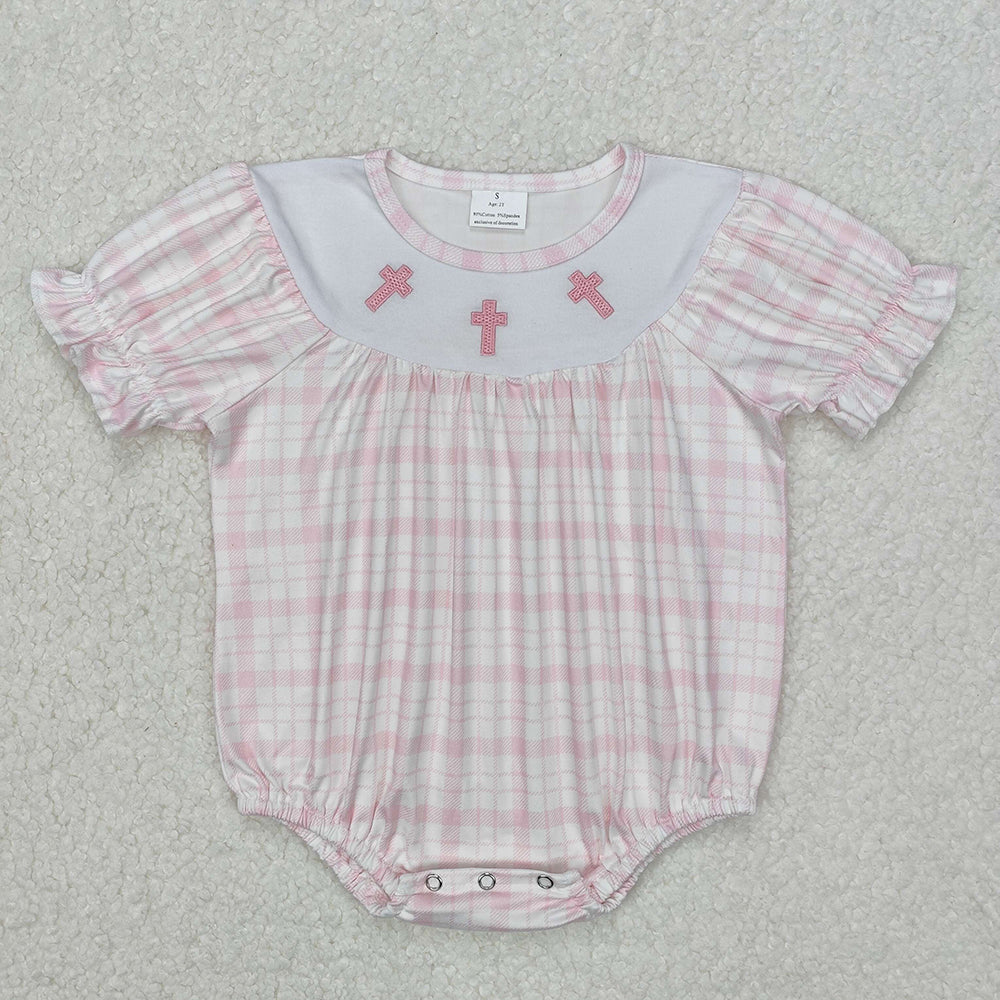 Baby Boy Girl Short Sleeves Embroidery Easter Cross Sibling Romper Outfit Clothes RTS
