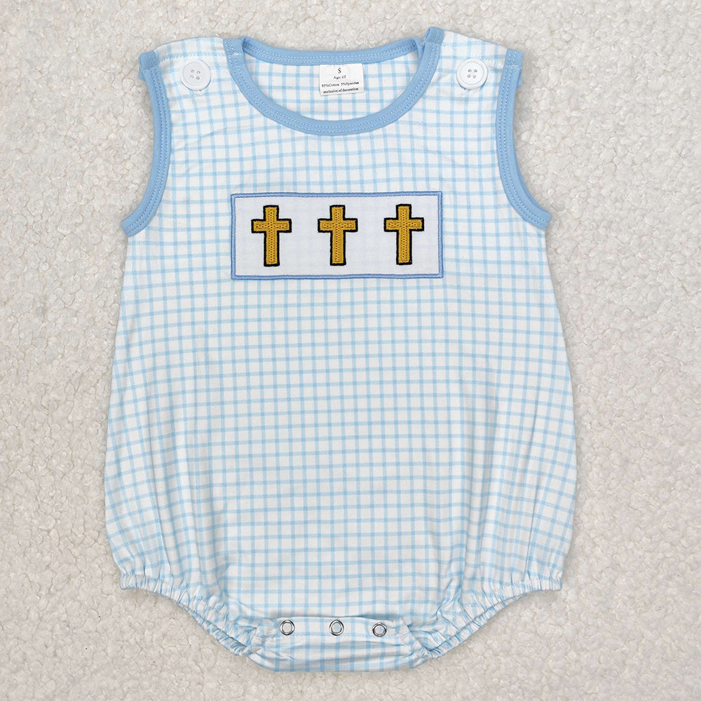 Baby Boy Girl Short Sleeves Embroidery Easter Cross Sibling Romper Outfit Clothes RTS