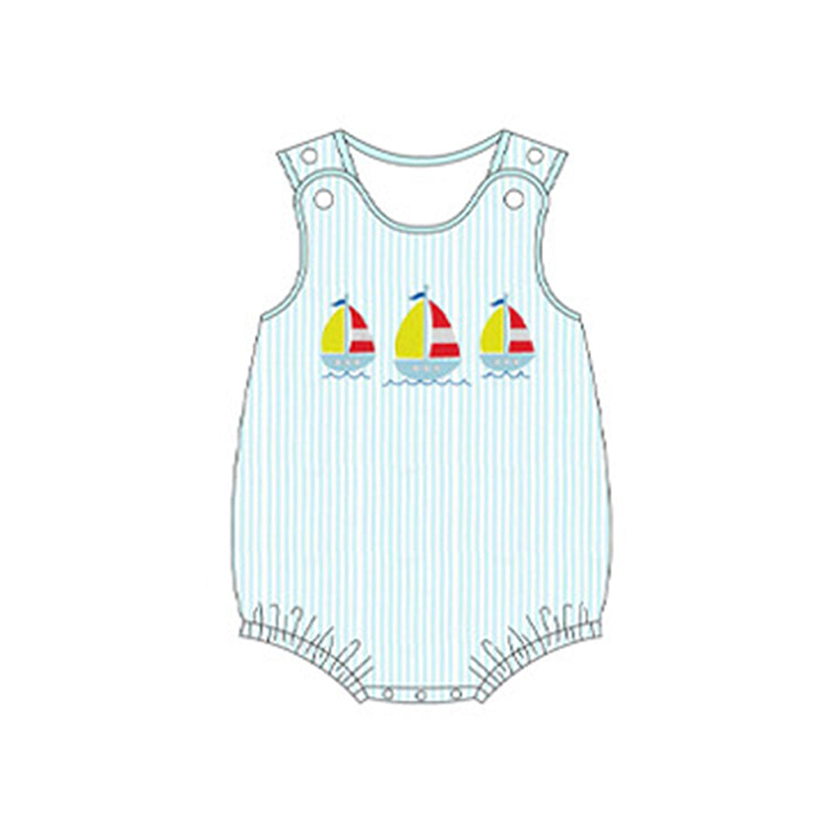 Preorder Baby Boy Infant Sleeveless Boats Blue Stripes Bubble Romper