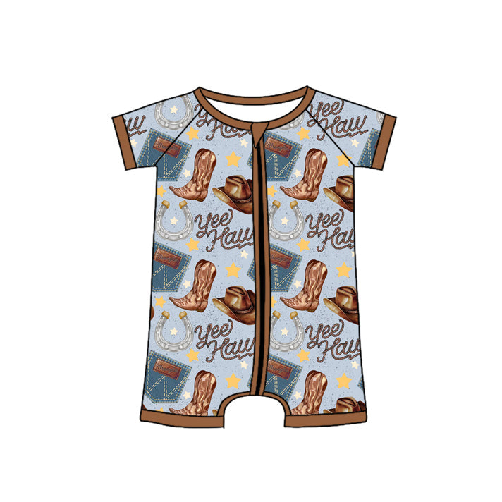 Preorder Baby Boy Infant Short Sleeves Western Boots Zipper Romper