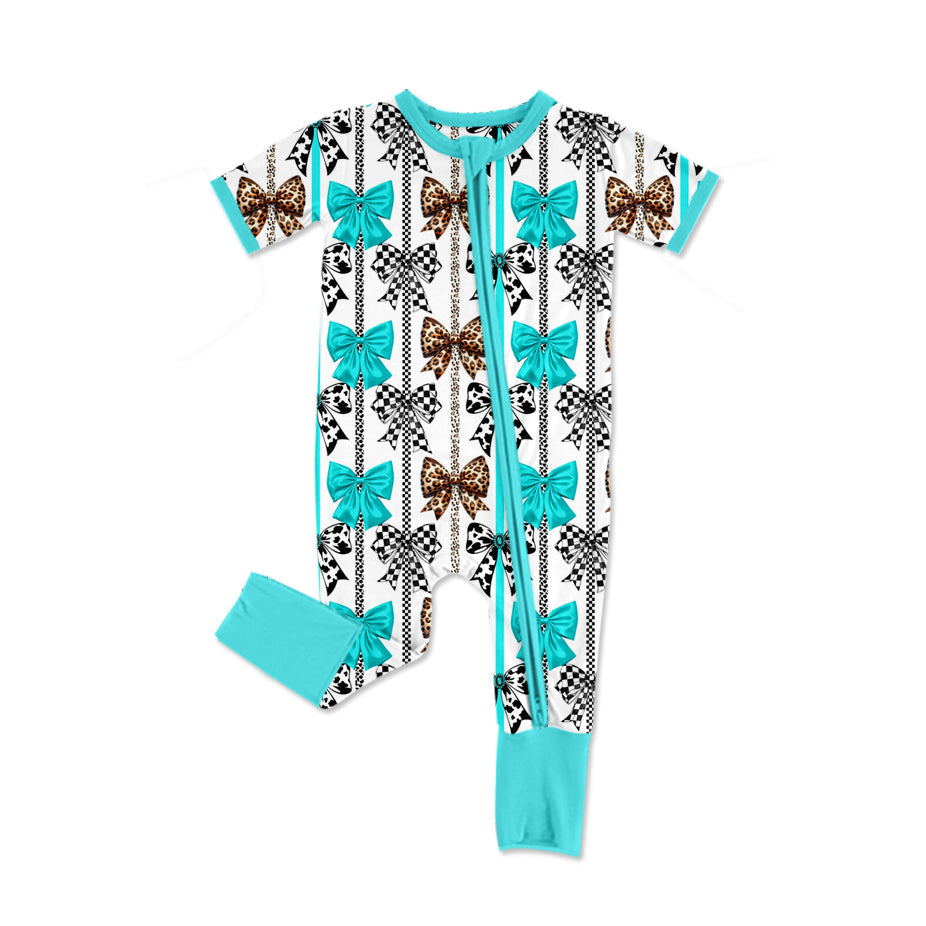Preorder Baby Girl Infant Short Sleeves Western Turquoise Bows Zipper Romper