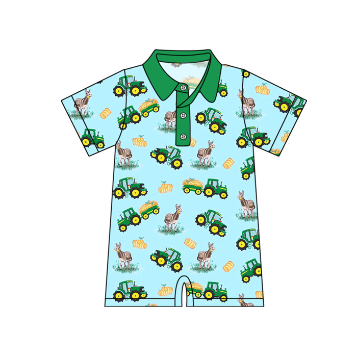 Preorder Baby Boy Infant Short Sleeves Farm Trucks Buttons Romper