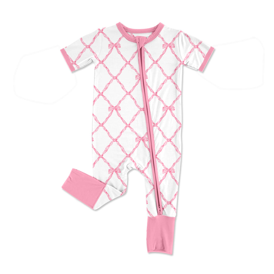 Preorder Baby Girl Infant Short Sleeves Pink Bows Zipper Romper