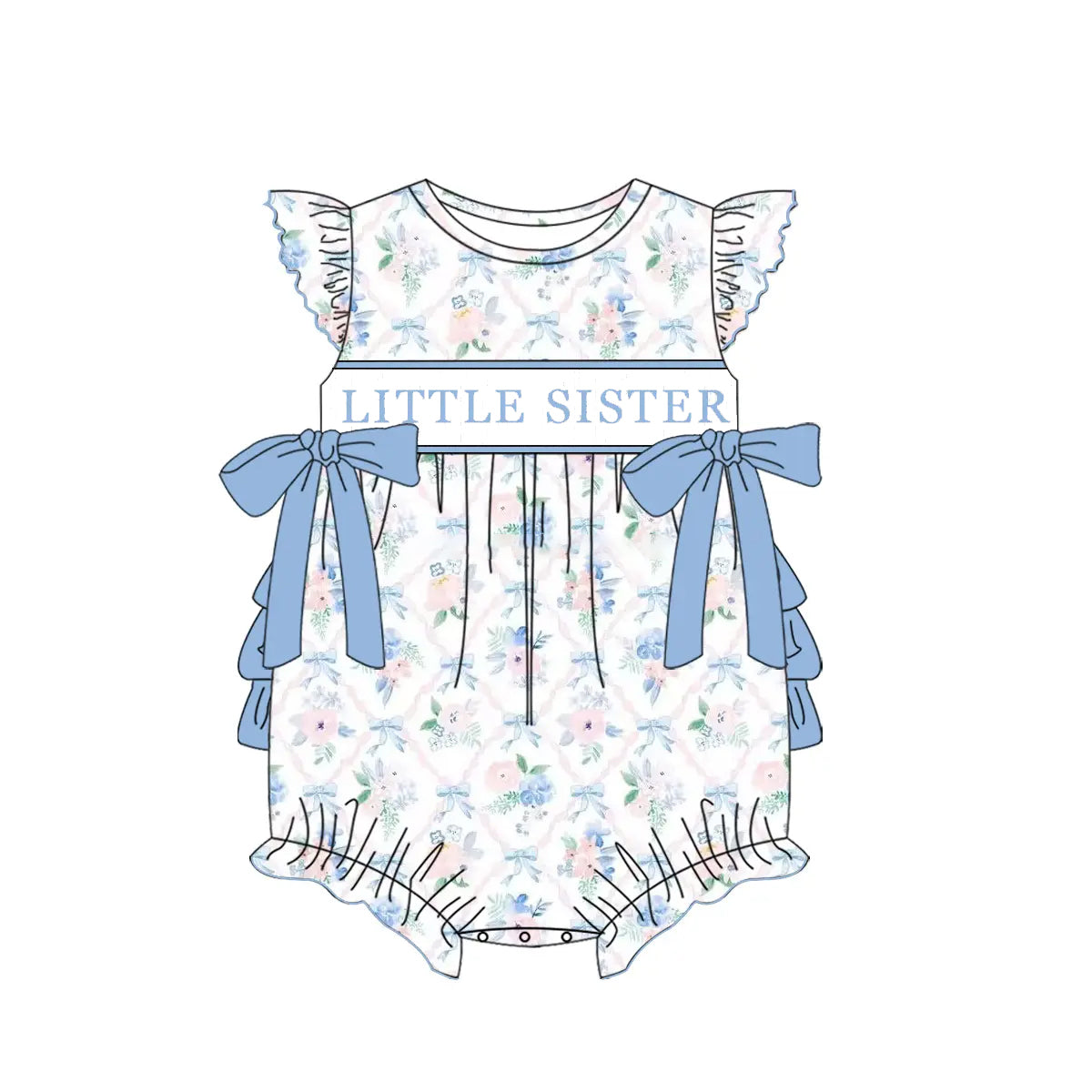 Preorder Baby Girl Infant Short Sleeves Little Sister Flower Blue Bows Bubble Romper
