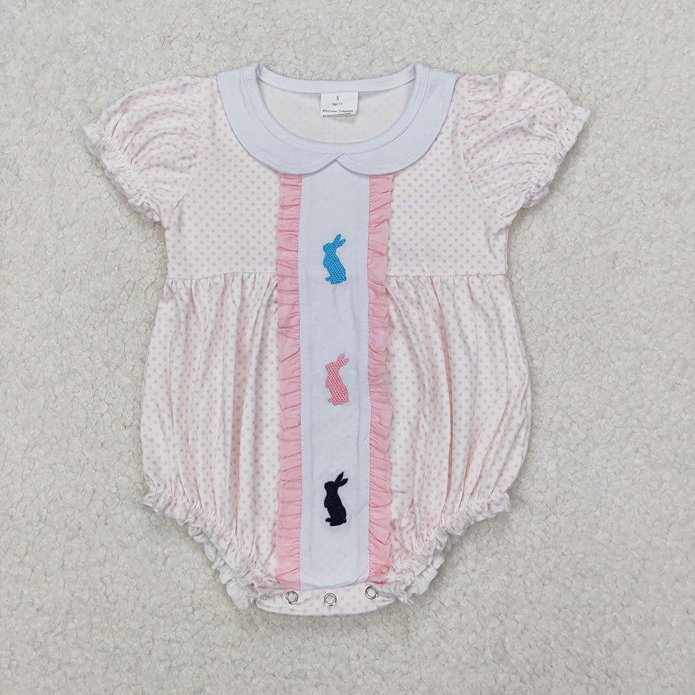 Baby Girl Short Sleeves Embroidery Easter Rabbits Sibling Romper Dress RTS