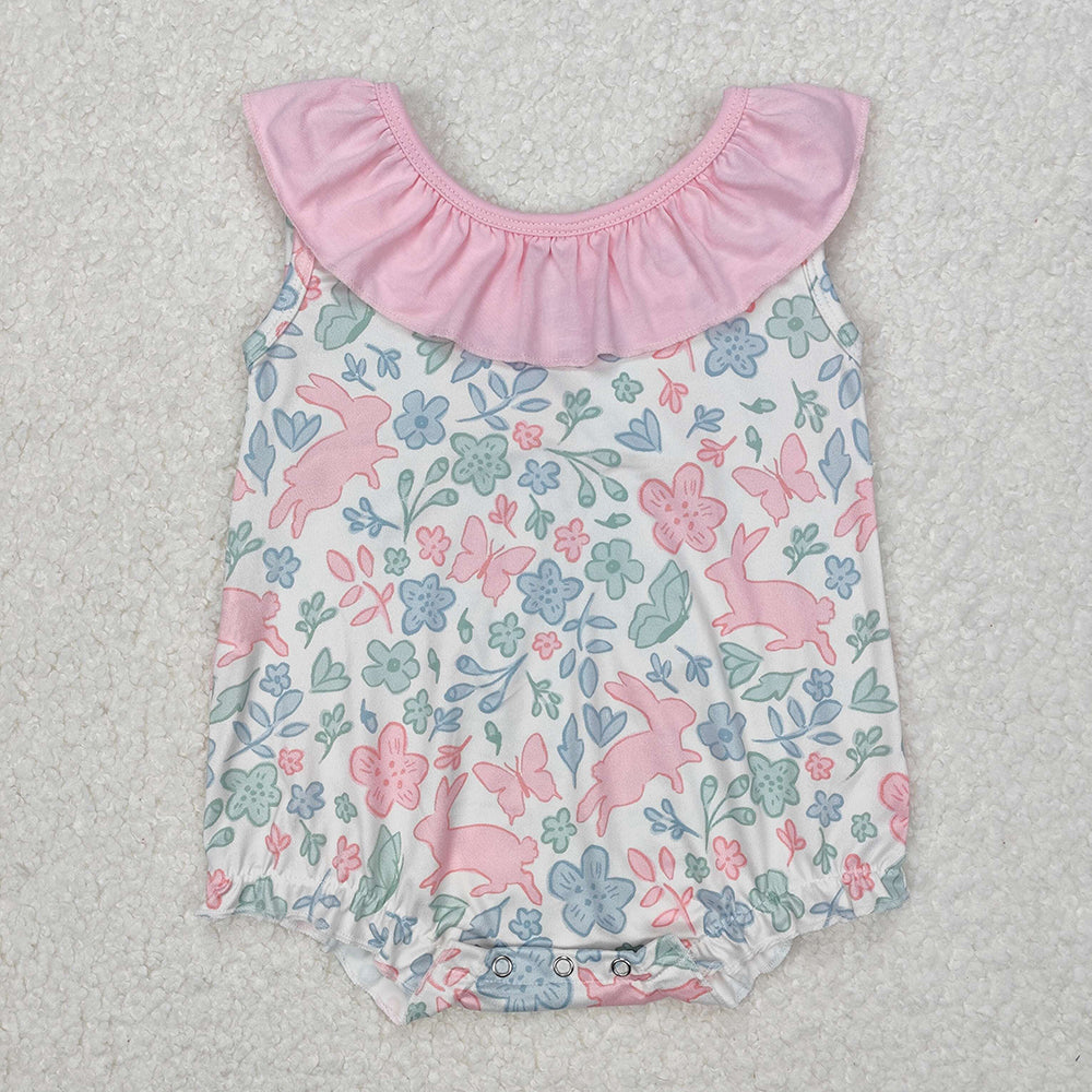 Baby Girl Pink Bow Ruffle Easter Rabbits Sibling Romper Outfit Clothes RTS