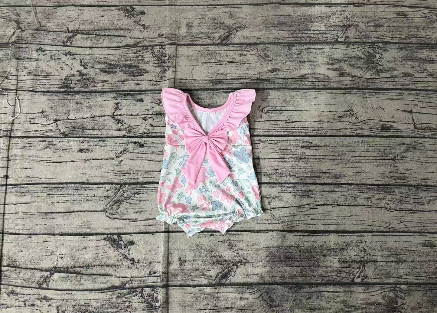 Baby Girl Infant Sleeveless Easter Rabbits Flower Pink Bow Bubble Romper RTS