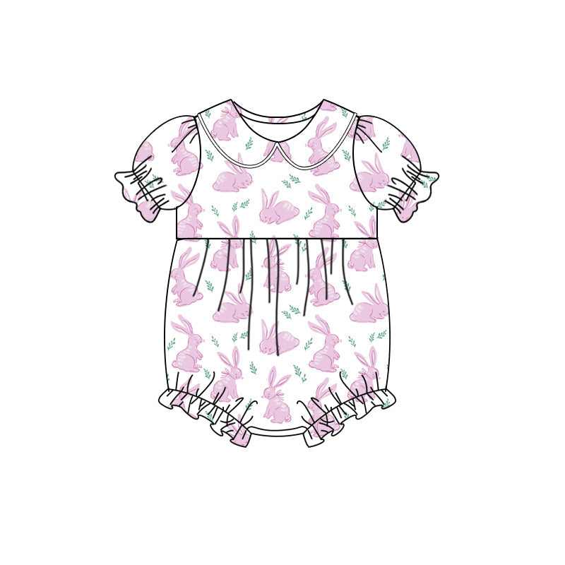 Preorder Baby Girl Infant Short Sleeves Easter Rabbits Pink Bubble Romper