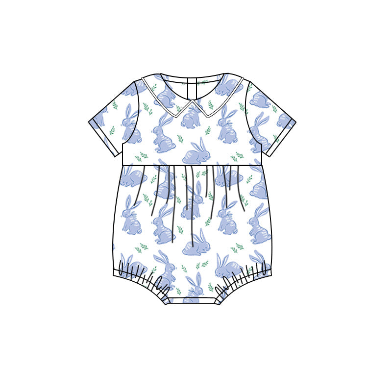 Preorder Baby Boy Infant Short Sleeves Easter Rabbits Blue Bubble Romper
