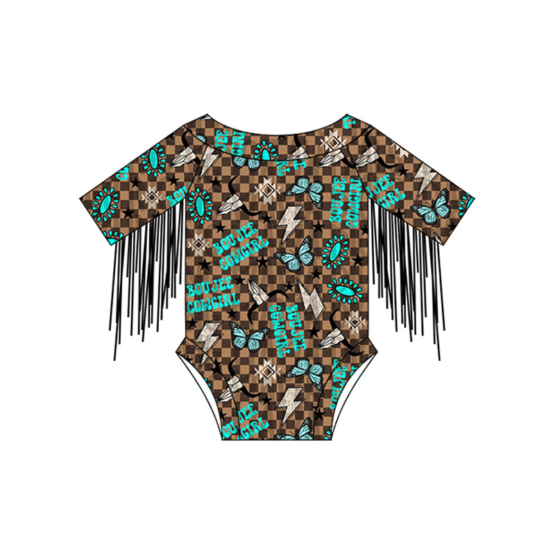 Preorder Baby Kids Infant Western Cowgirl Checked Tassel Bubble Romper
