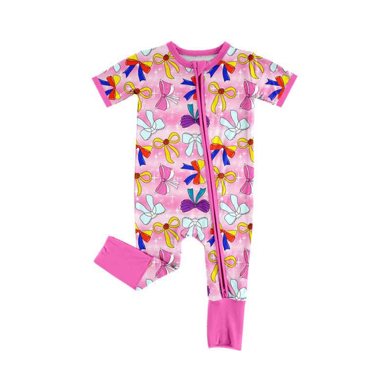 Preorder Baby Girl Infant Short Sleeves Princess Bows Zipper Pink Romper